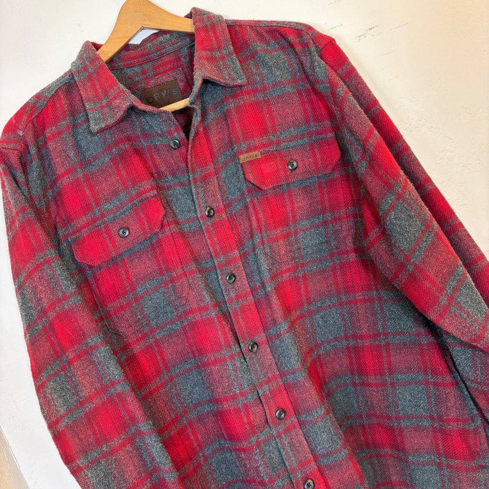 Orvis Shacket Heavy Flannel Shirt Men XXL Red Plaid Cotton Blend Luberjack Chore